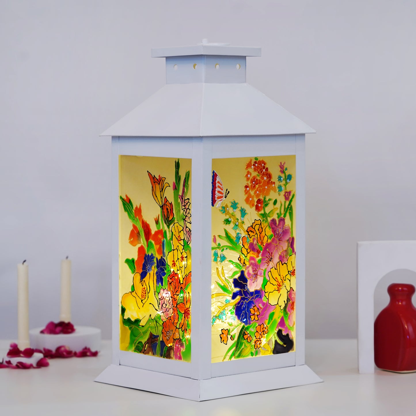 Blissful Wilderness Lantern illuminated with a string light inside