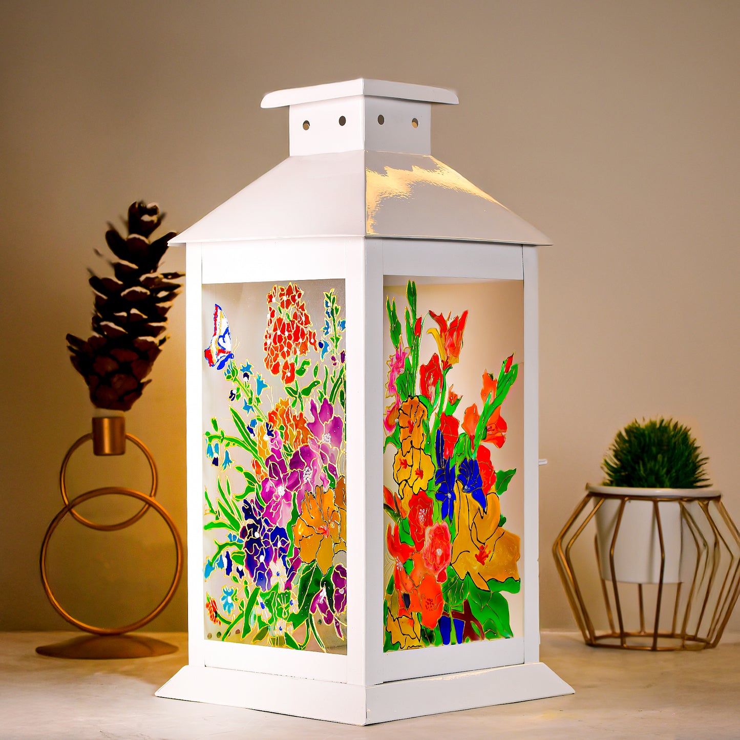 Angled view showcasing the intricate floral designs on the Blissful Wilderness Lantern