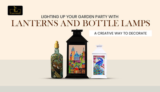 A charming garden adorned with glowing lanterns and bottle lamps, perfect for setting a festive mood during evening celebrations.