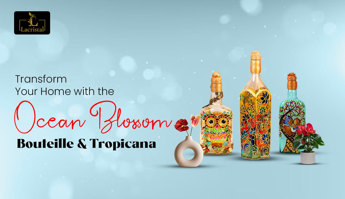  Ocean Blossom bottle alongside glass vases, showcasing a stylish arrangement that elevates home aesthetics.